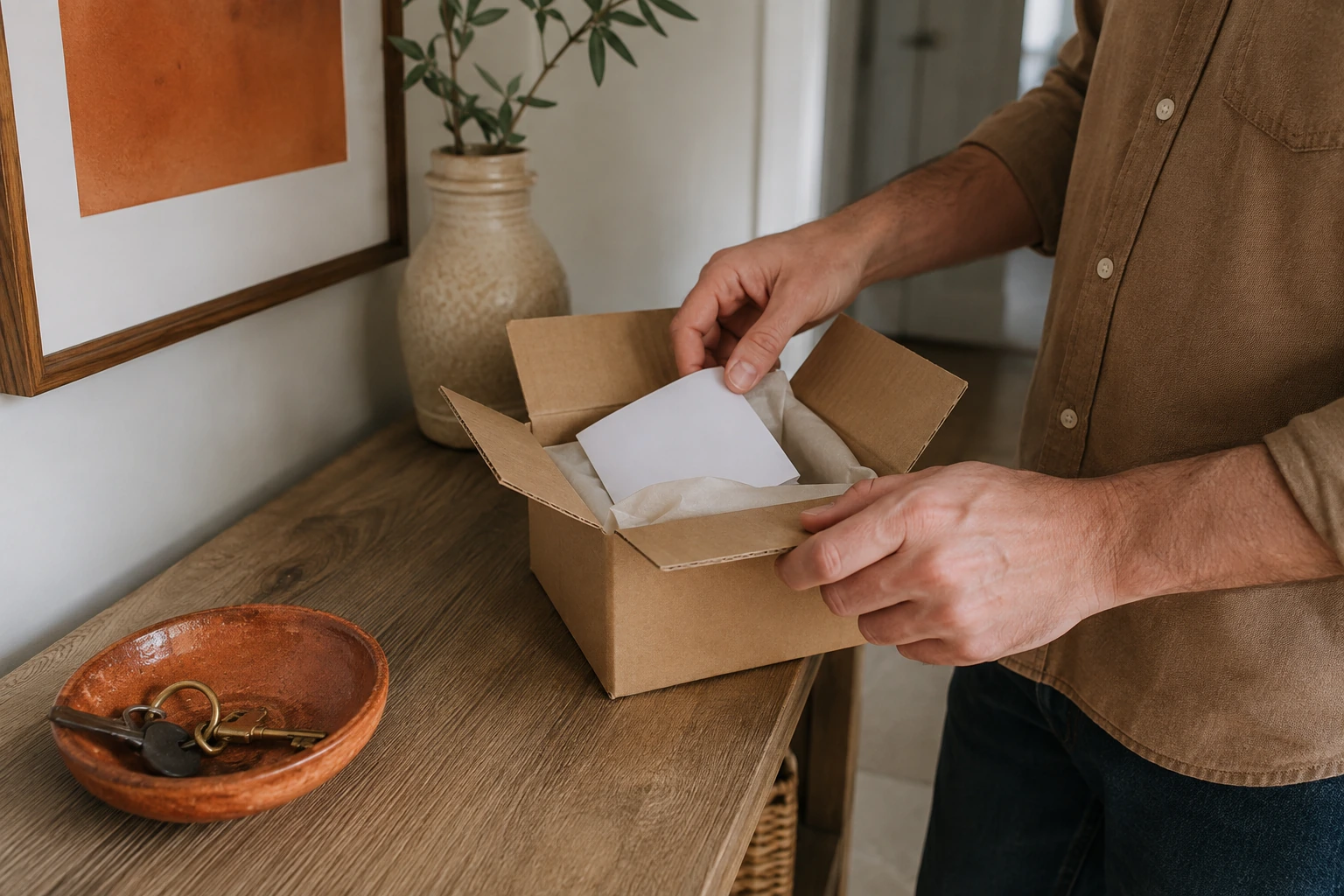 Hands opening a plain delivery parcel at home