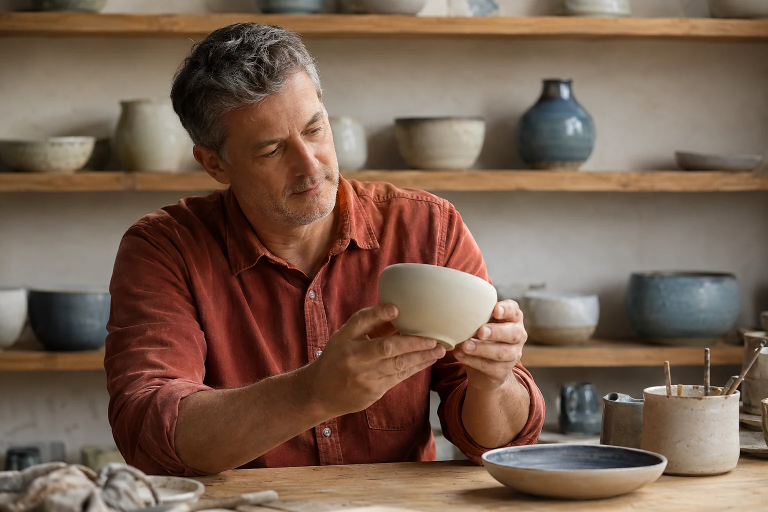 Adult man examining a handmade ceramic bowl at a studio workbench