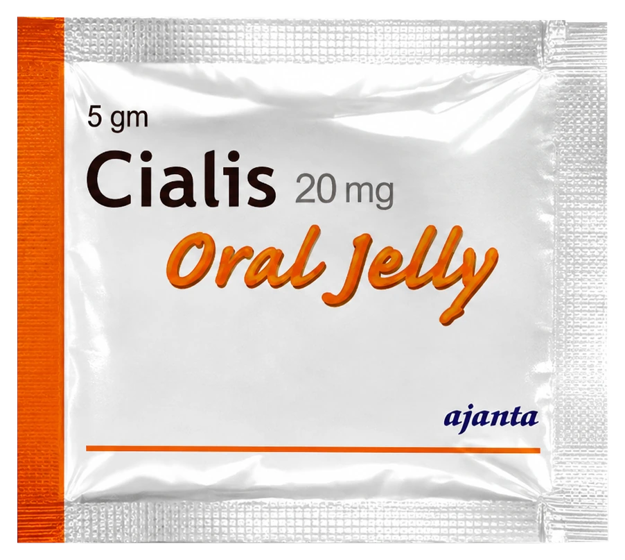 Silver Cialis20mg Oral Jelly Ajanta sachet with an orange seam