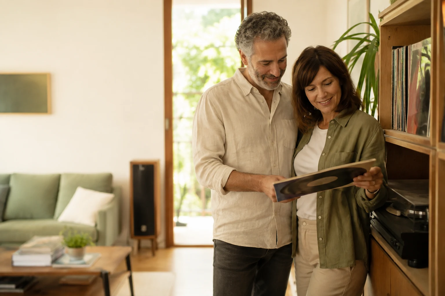 A mature couple choosing a record together at home