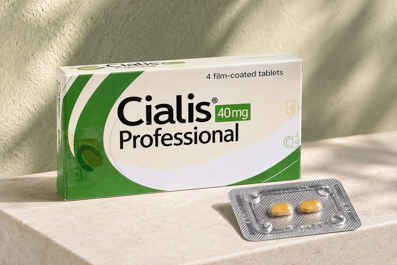 Illustrated Cialis Professional 40 mg carton and blister on a cream ledge