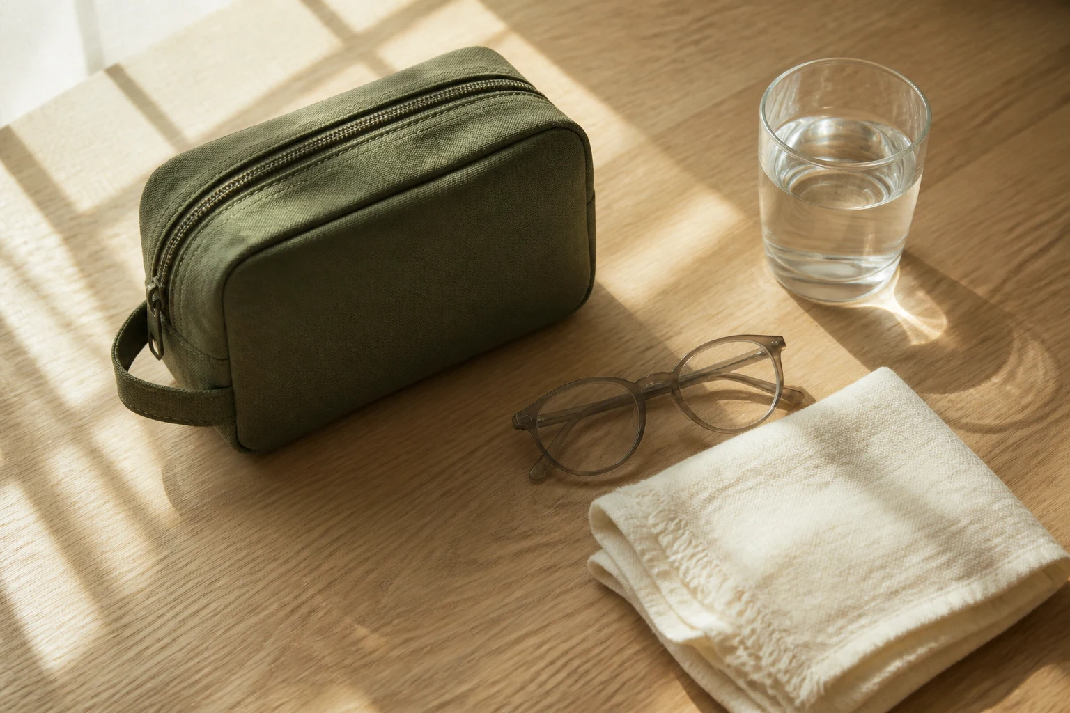 Travel wash bag, glasses and water arranged on a desk
