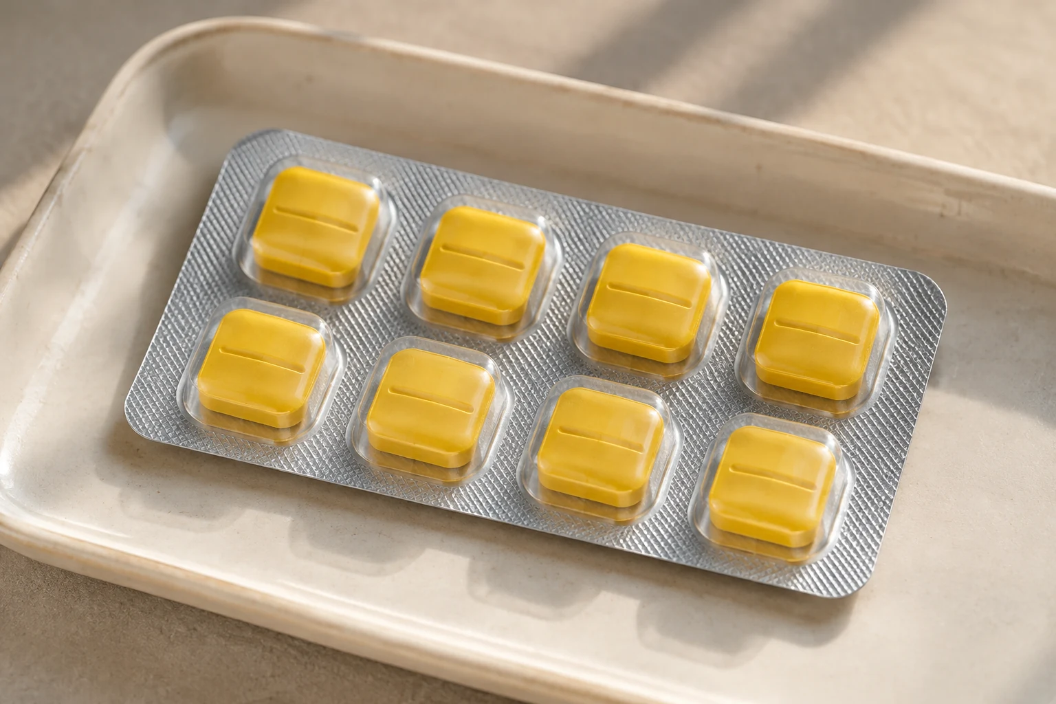 Yellow soft tablets sealed in a silver blister on a cream tray
