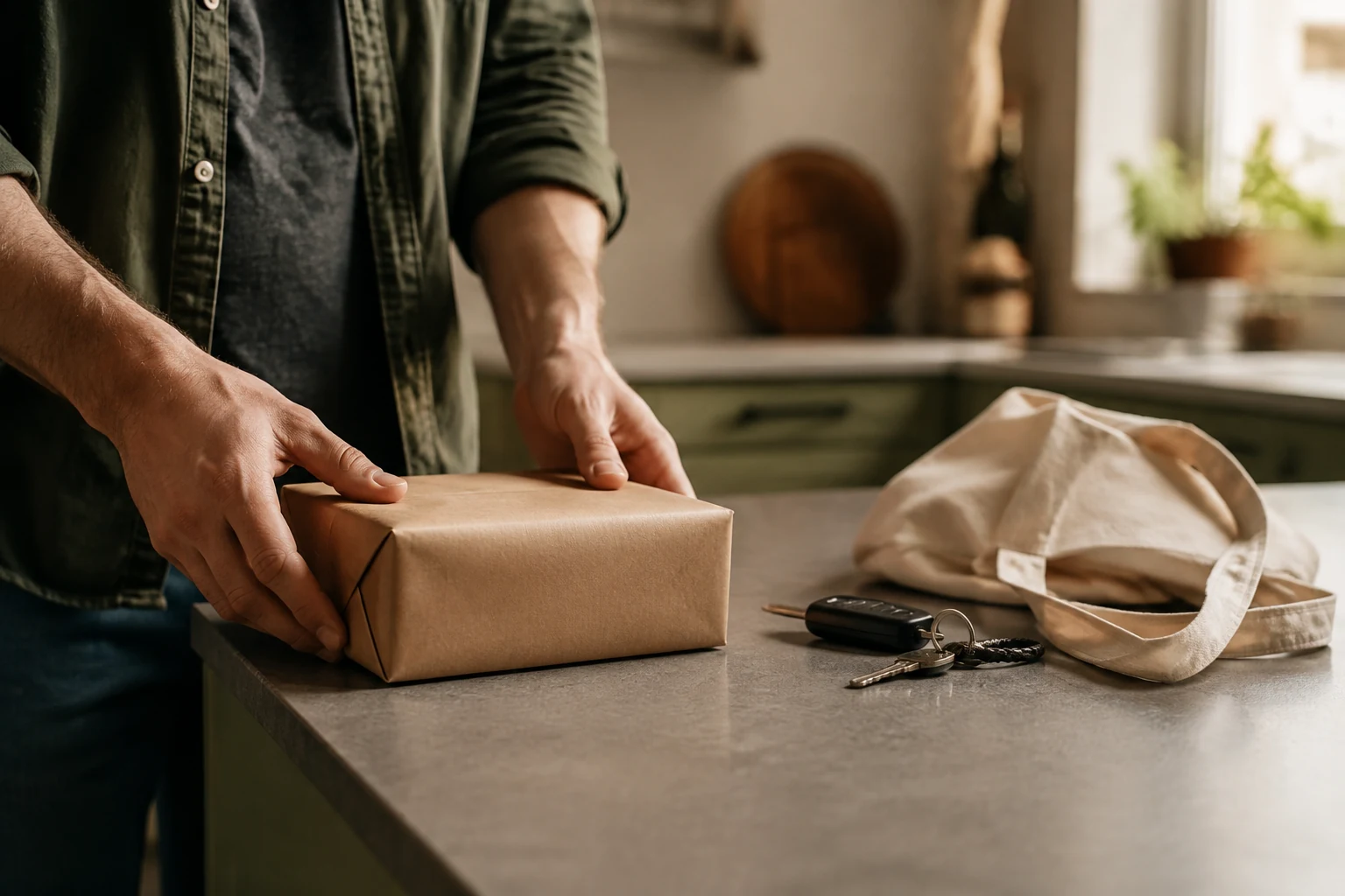A man placing a plain wrapped parcel on a kitchen counter