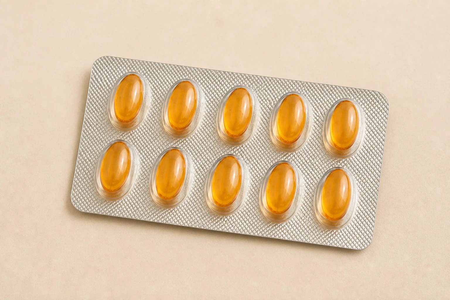 Illustration of ten amber softgel capsules sealed in a blister