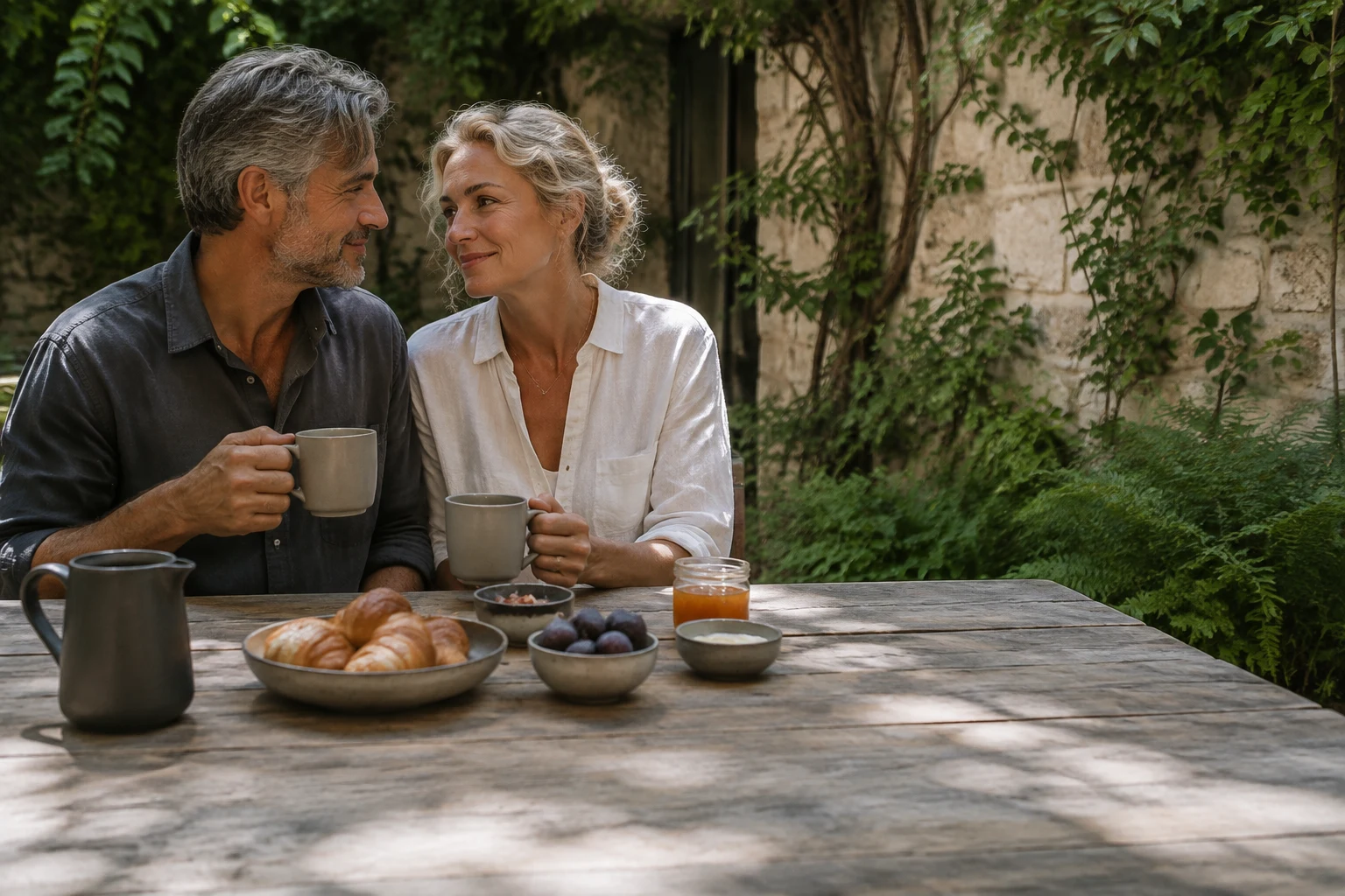 An adult couple enjoying an outdoor breakfast together