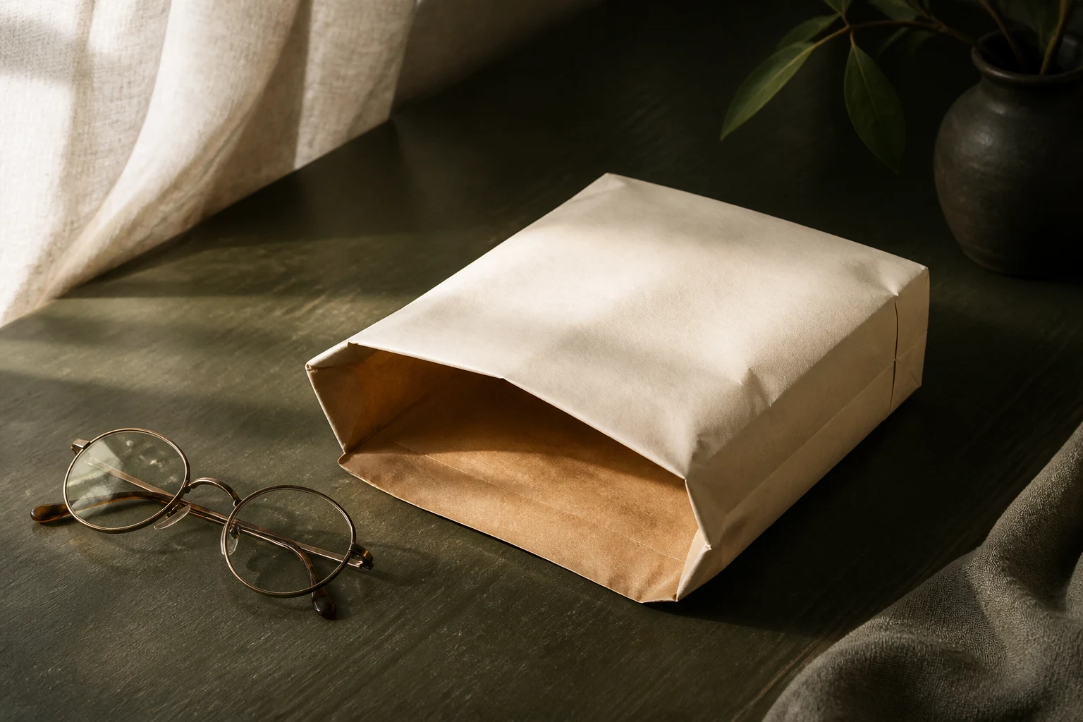 A plain paper parcel and reading glasses on an olive desk