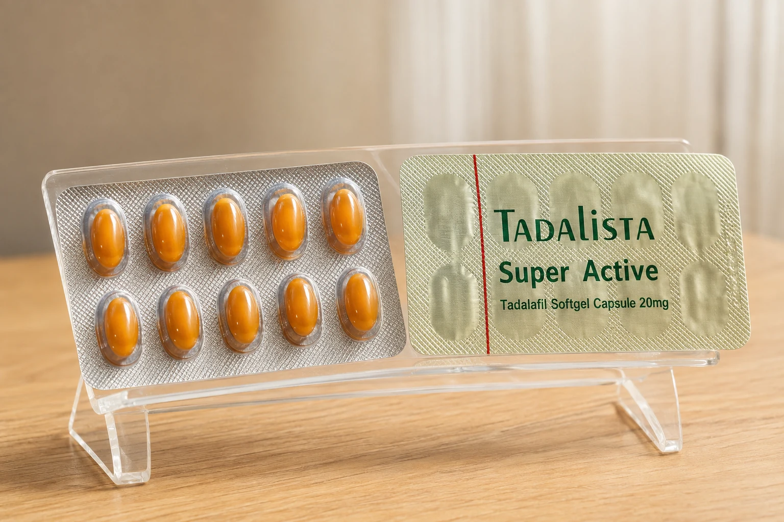 Two Tadalista Super Active blister strips showing orange softgels and the tadalafil 20 mg foil label