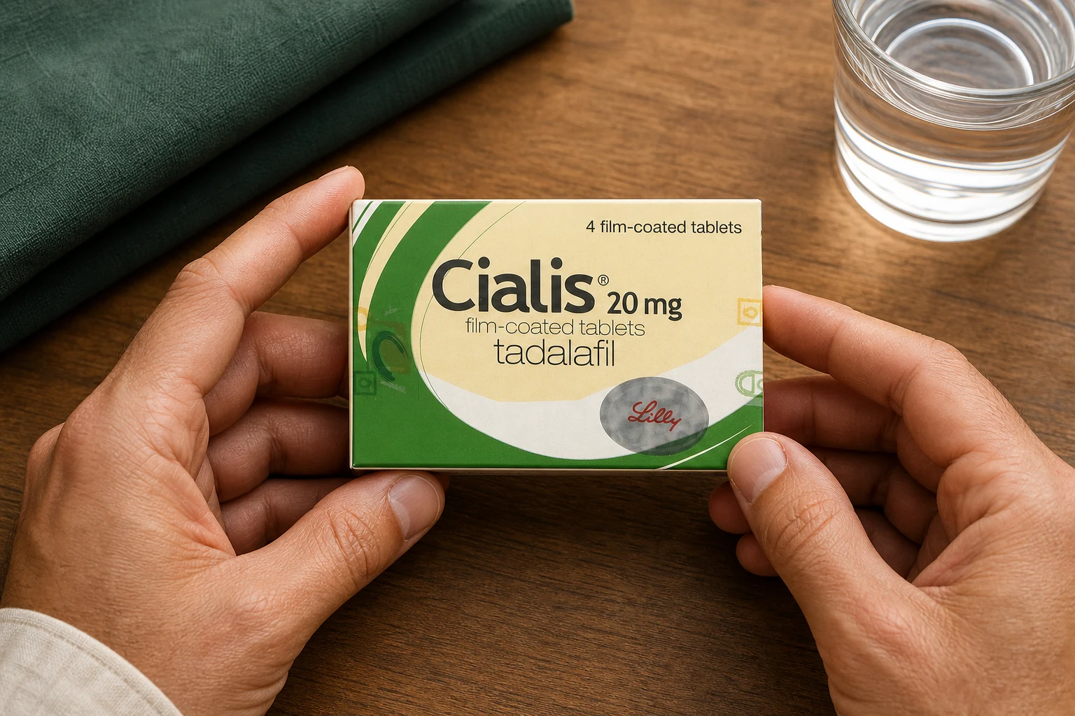 Hands hold a Cialis 20 mg carton marked four film-coated tablets beside a glass of water.