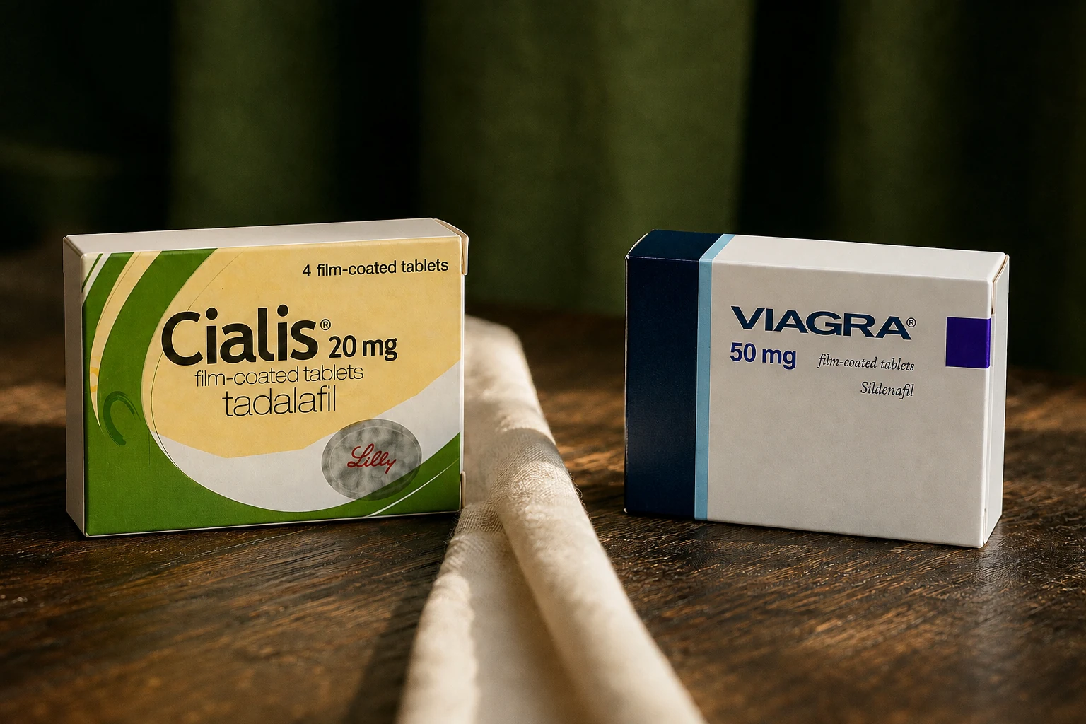 Separate Cialis 20 mg and Viagra 50 mg cartons on walnut with ivory linen between them
