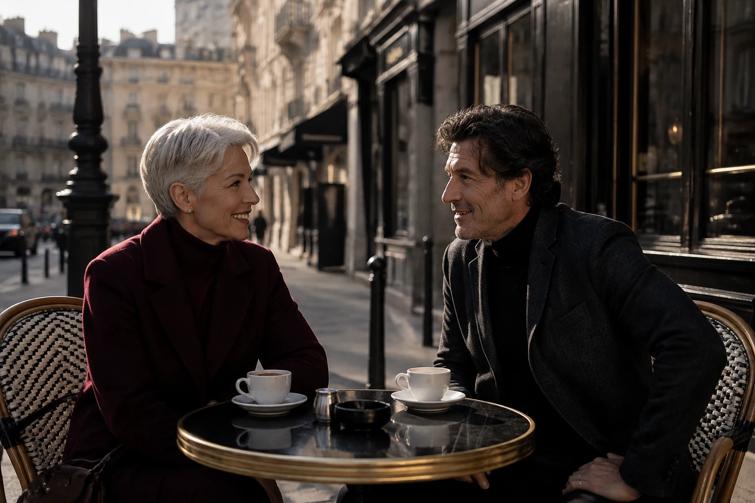 Two mature friends talking over coffee at a pavement cafe
