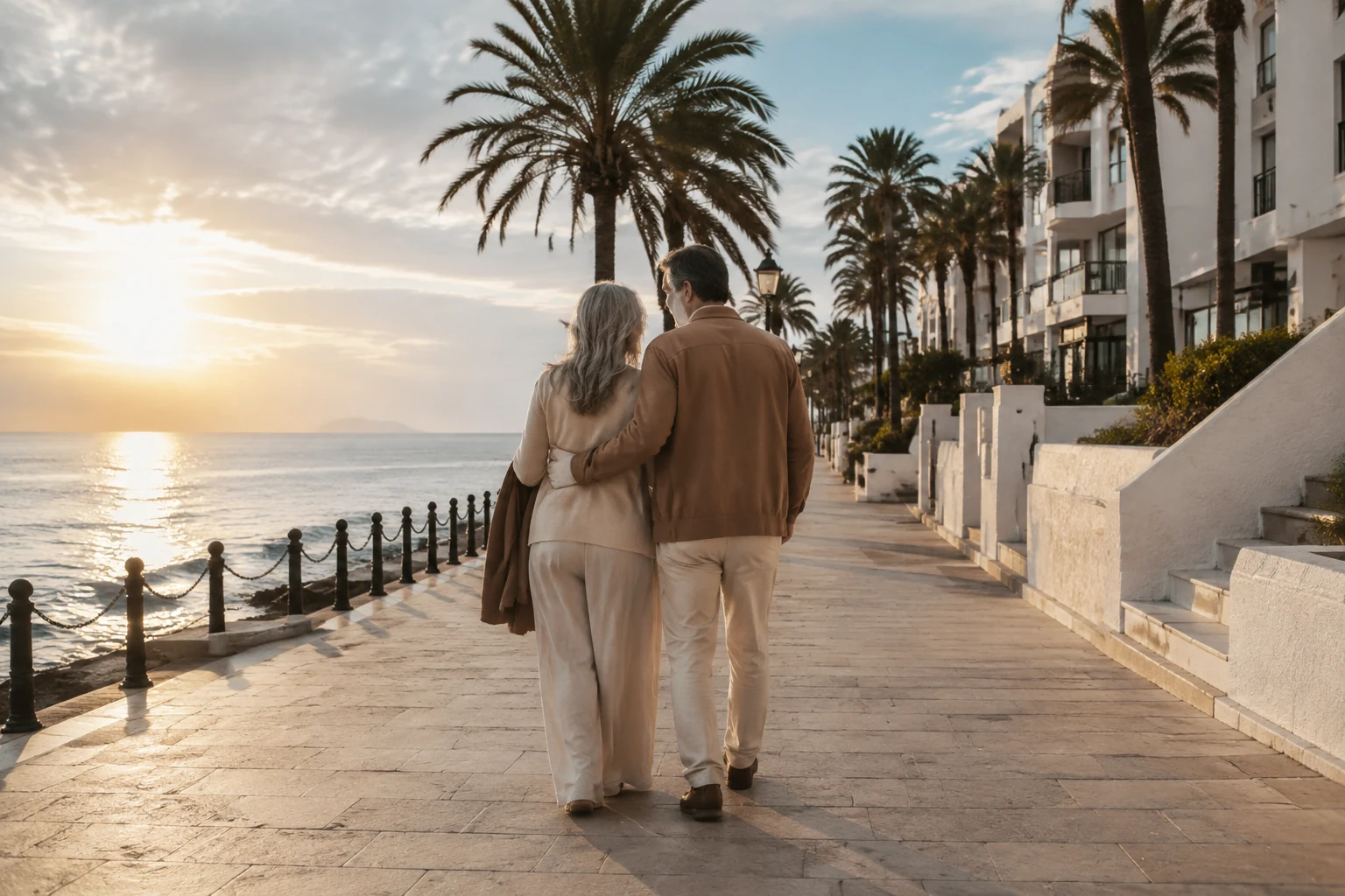 Couple walking arm in arm along a palm-lined seaside promenade