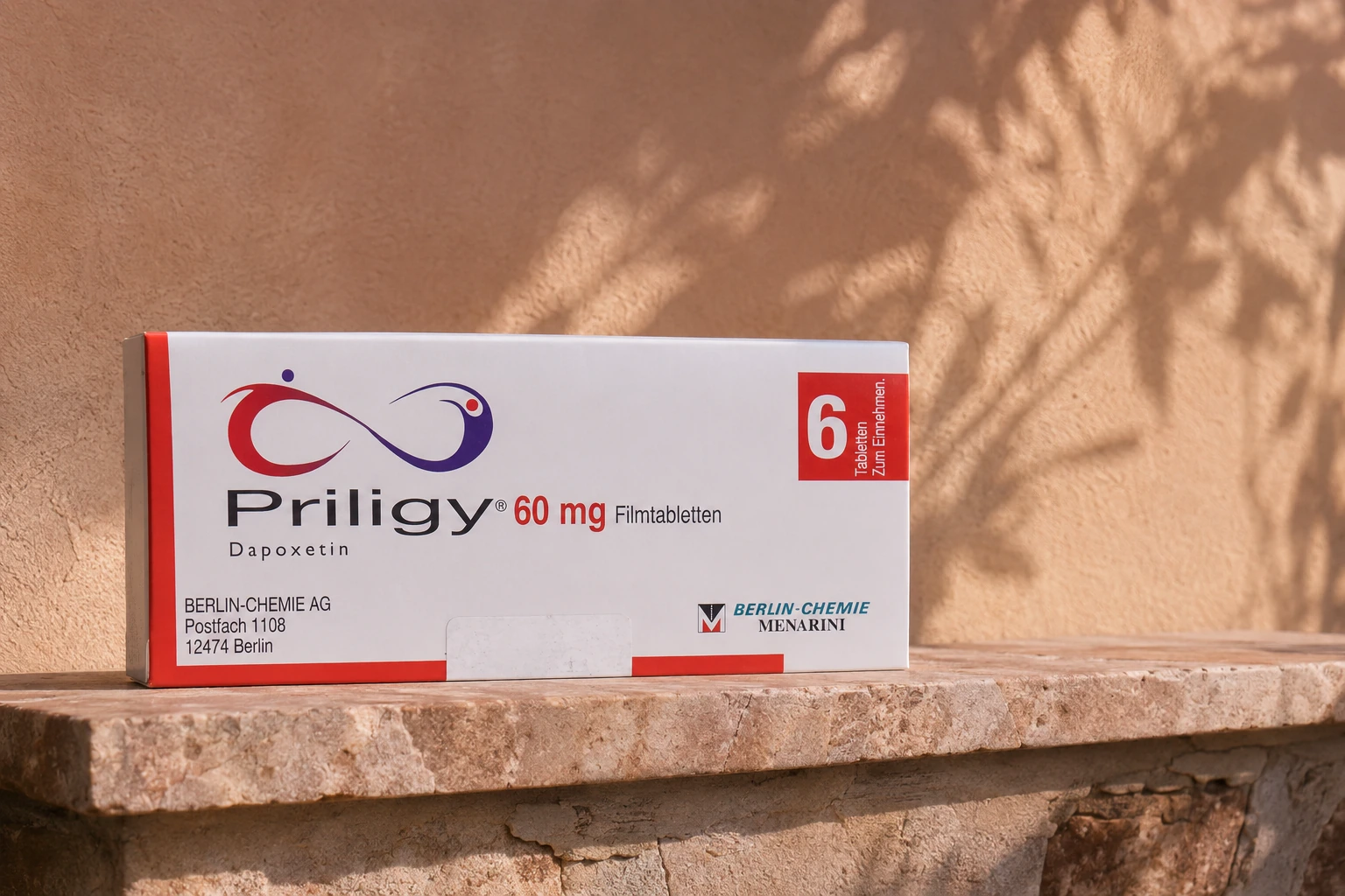 Priligy 60 mg dapoxetine carton on a warm stone ledge in natural light