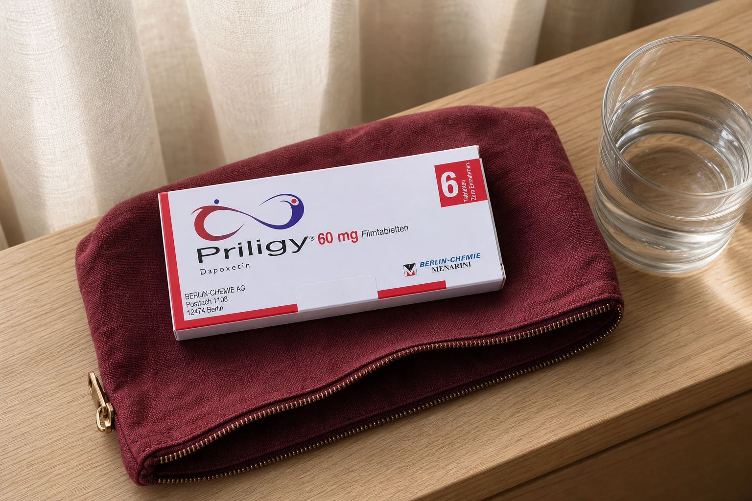 Priligy 60 mg dapoxetine carton on a burgundy pouch beside a glass of water