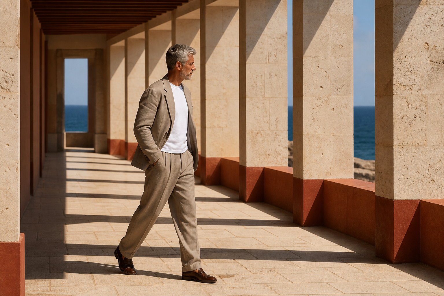 Man in a taupe suit walking through a sunlit limestone colonnade beside the sea