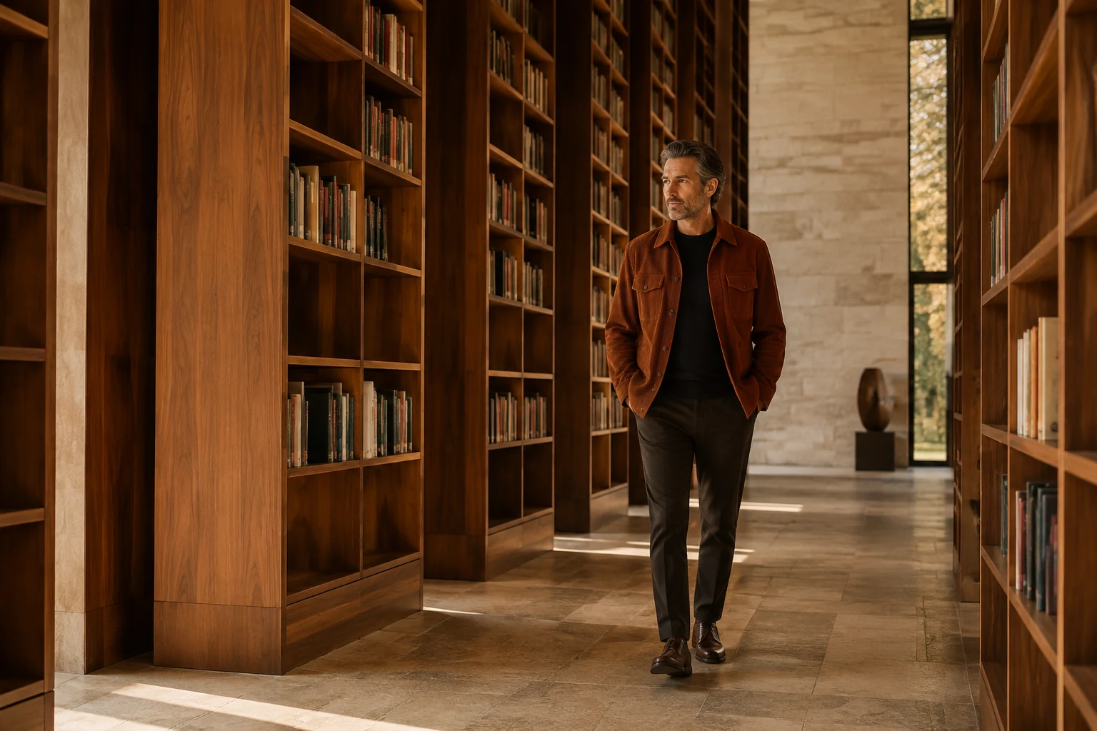 Man walking between walnut bookshelves in a sunlit library