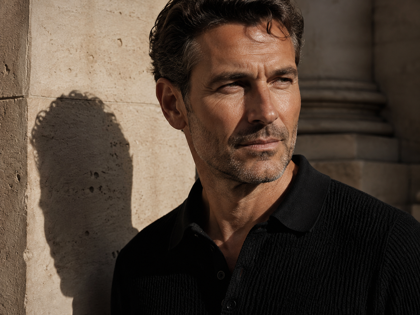 Editorial portrait of a man in a black knit polo beside sunlit limestone