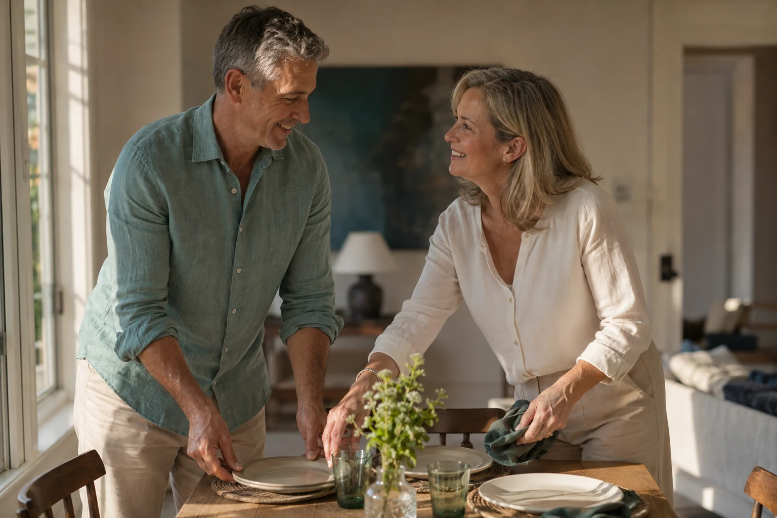 A mature couple setting a dining table together