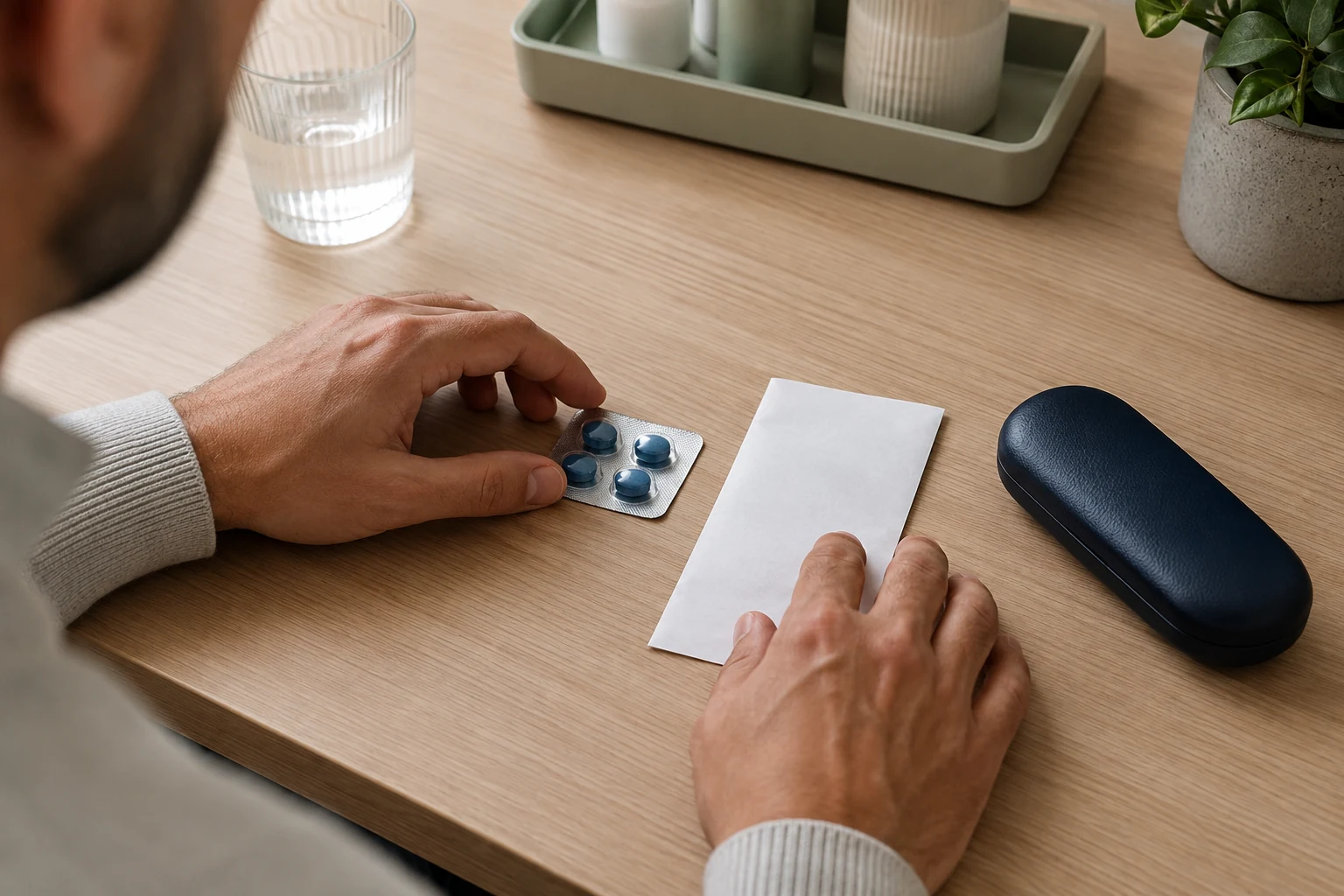 A man organizing a sealed four-tablet blister beside a face-down receipt