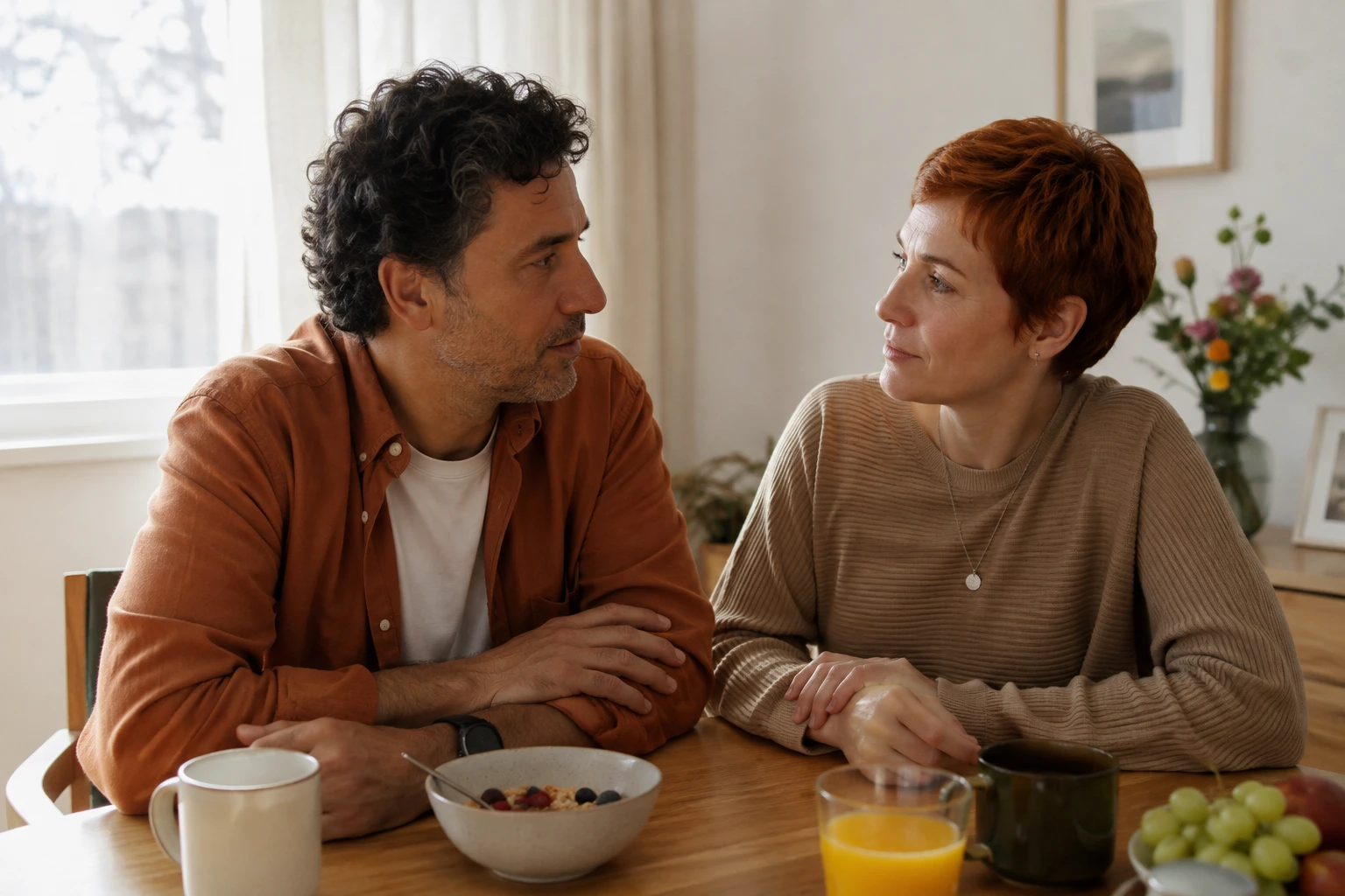 Adult couple talking together at their breakfast table