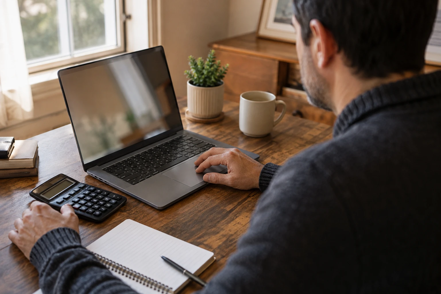 Man comparing a purchase at home with a laptop and calculator