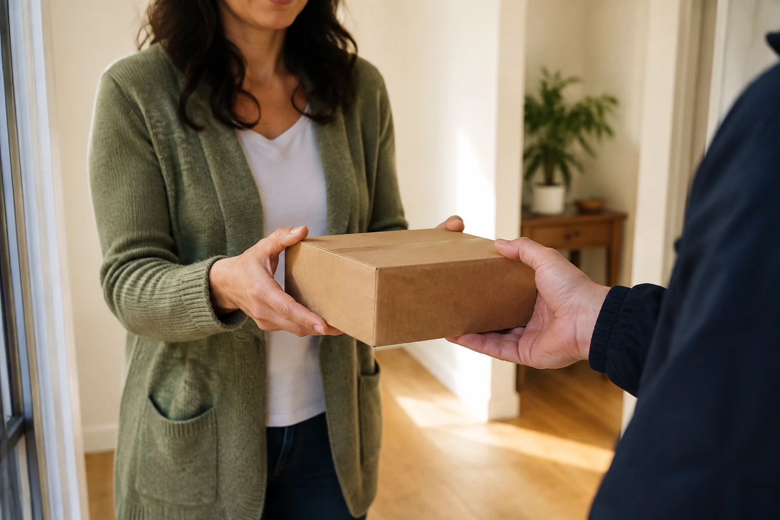 Plain shipping parcel being received at a home doorway