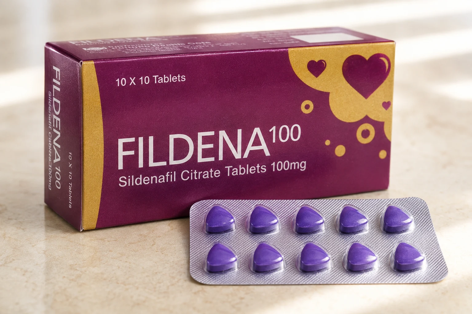 Fildena 100 carton with a sealed blister of purple tablets