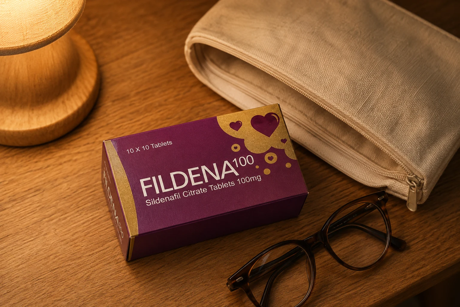 Fildena carton beside a fabric pouch and reading glasses