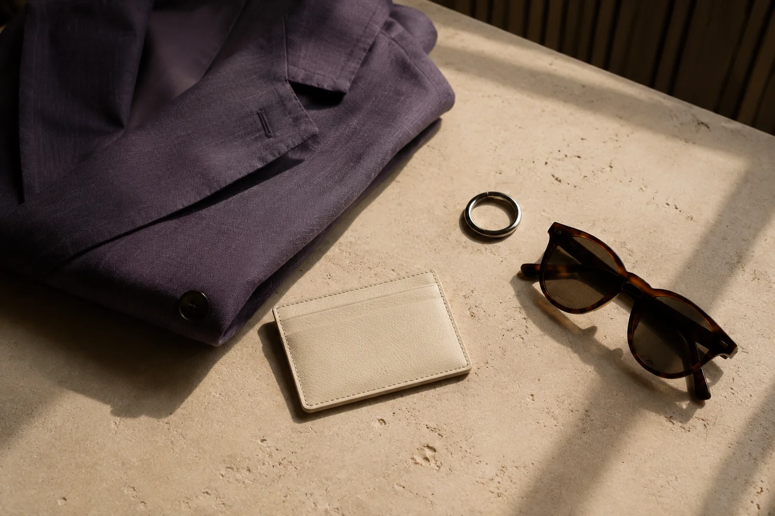 Purple linen jacket, cream cardholder and sunglasses arranged on warm stone