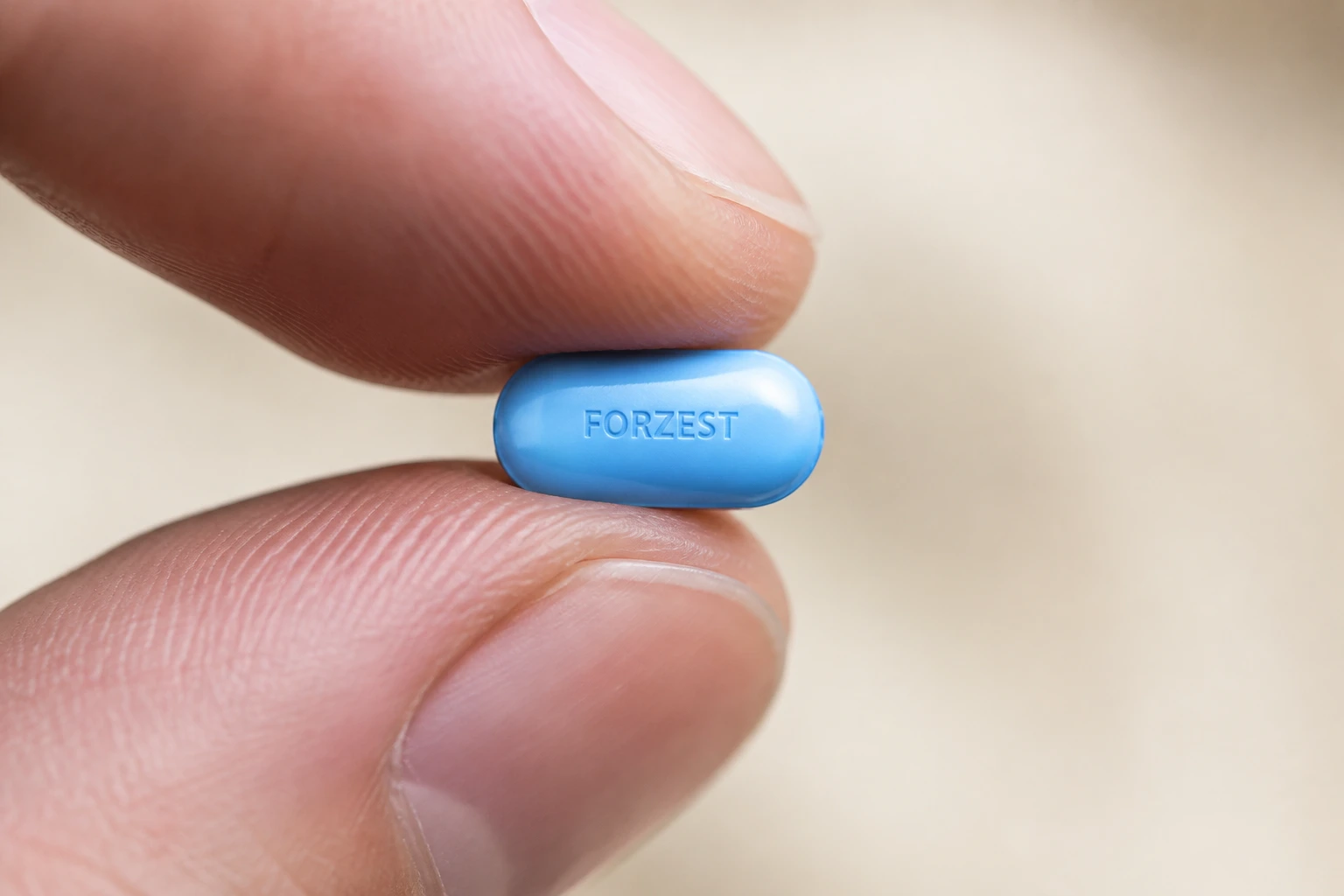 Small blue Forzest tablet held between two fingertips