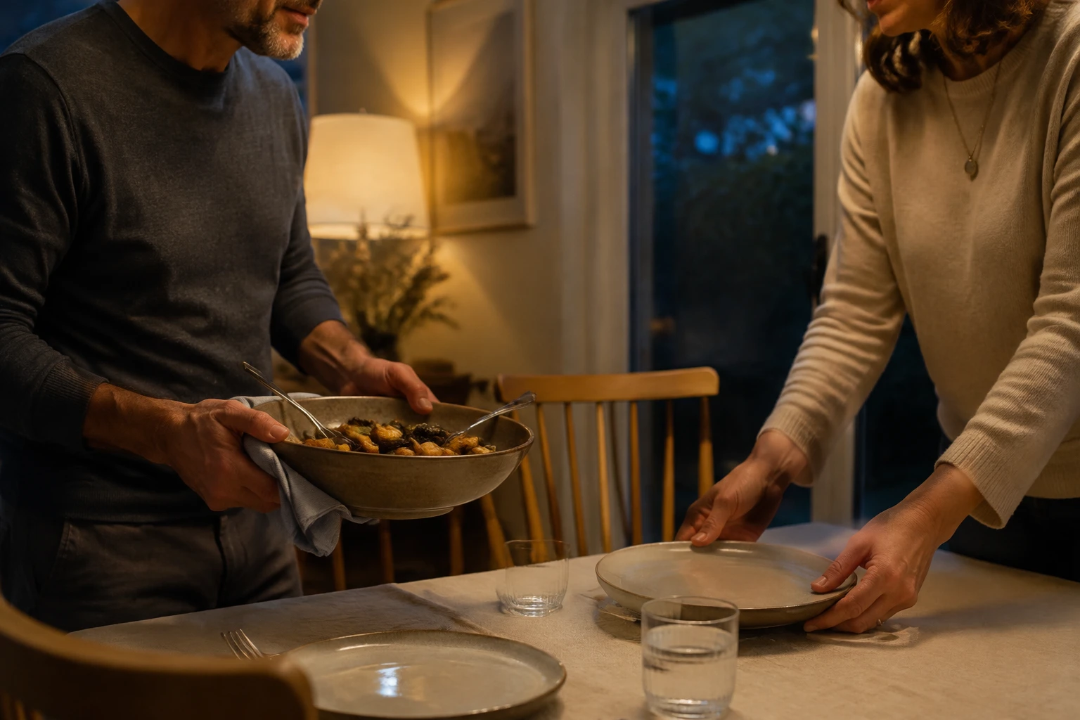 Adult partners setting their dinner table at home