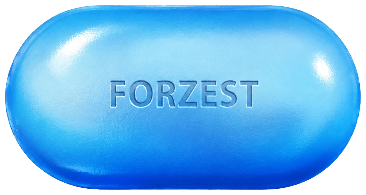 Blue oblong Forzest tablet with its product imprint