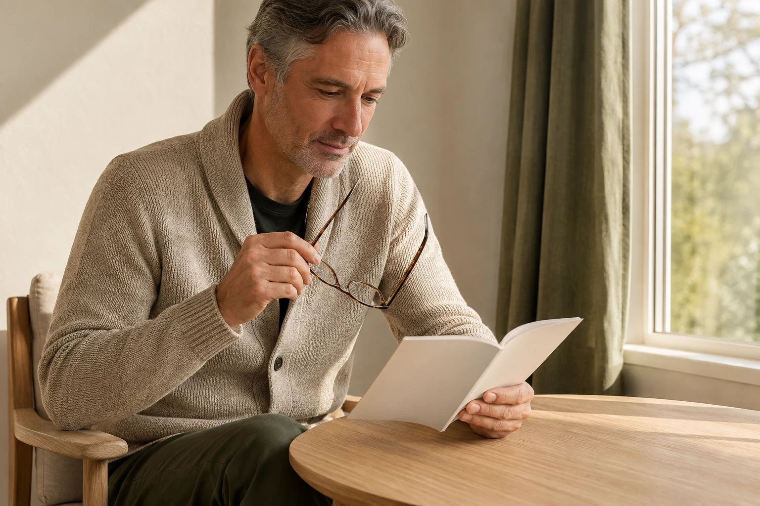 Man holding reading glasses beside an open booklet at a sunlit home table