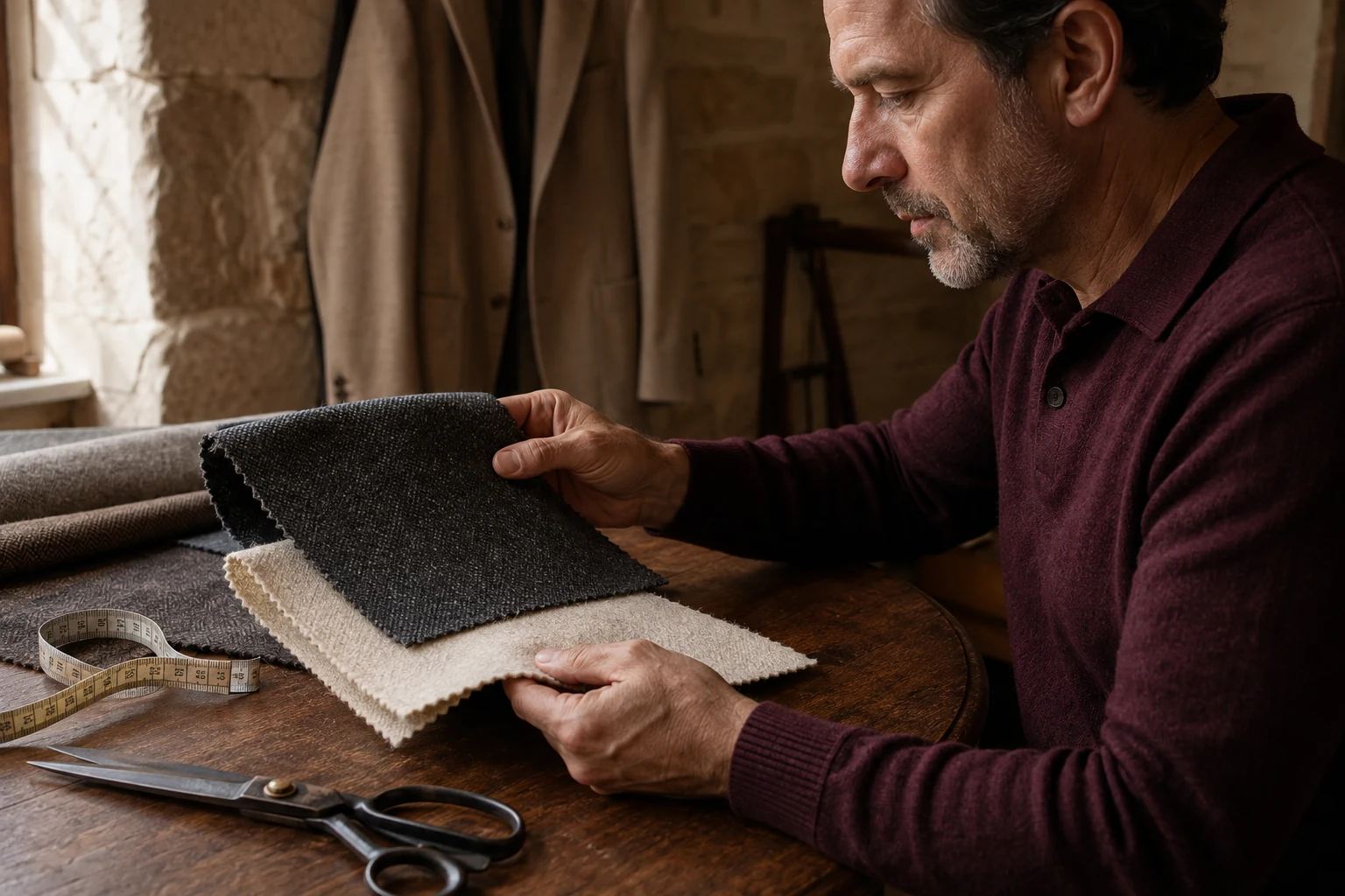 Adult man examining charcoal and cream fabric swatches at a tailoring worktable