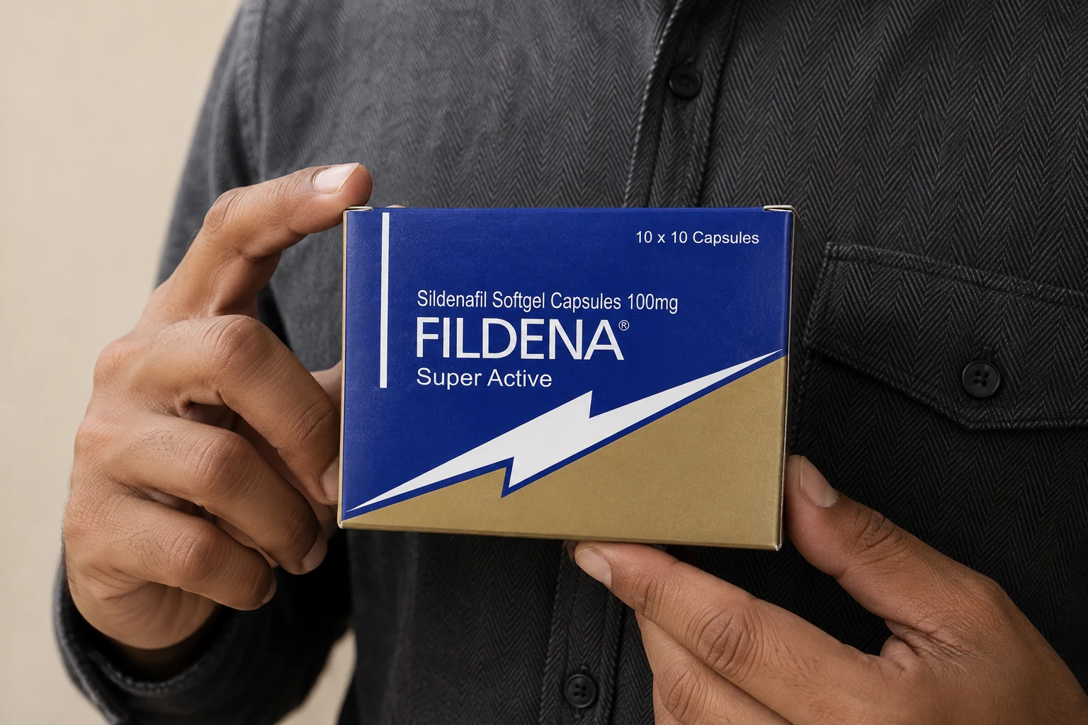 Hands holding a blue and gold Fildena Super Active carton with its sildenafil softgel capsule label visible