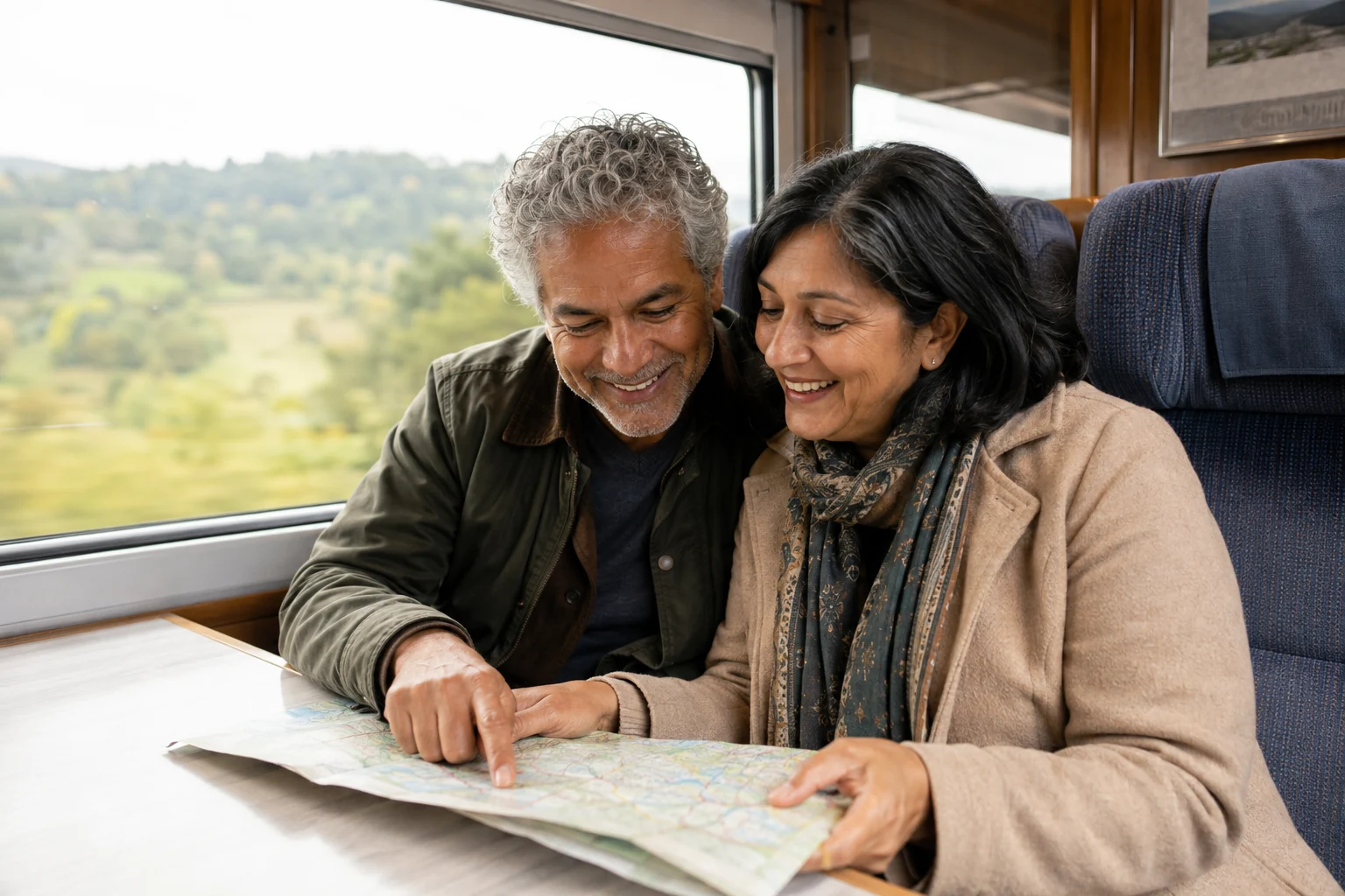 An adult couple sharing a map during a relaxed train journey
