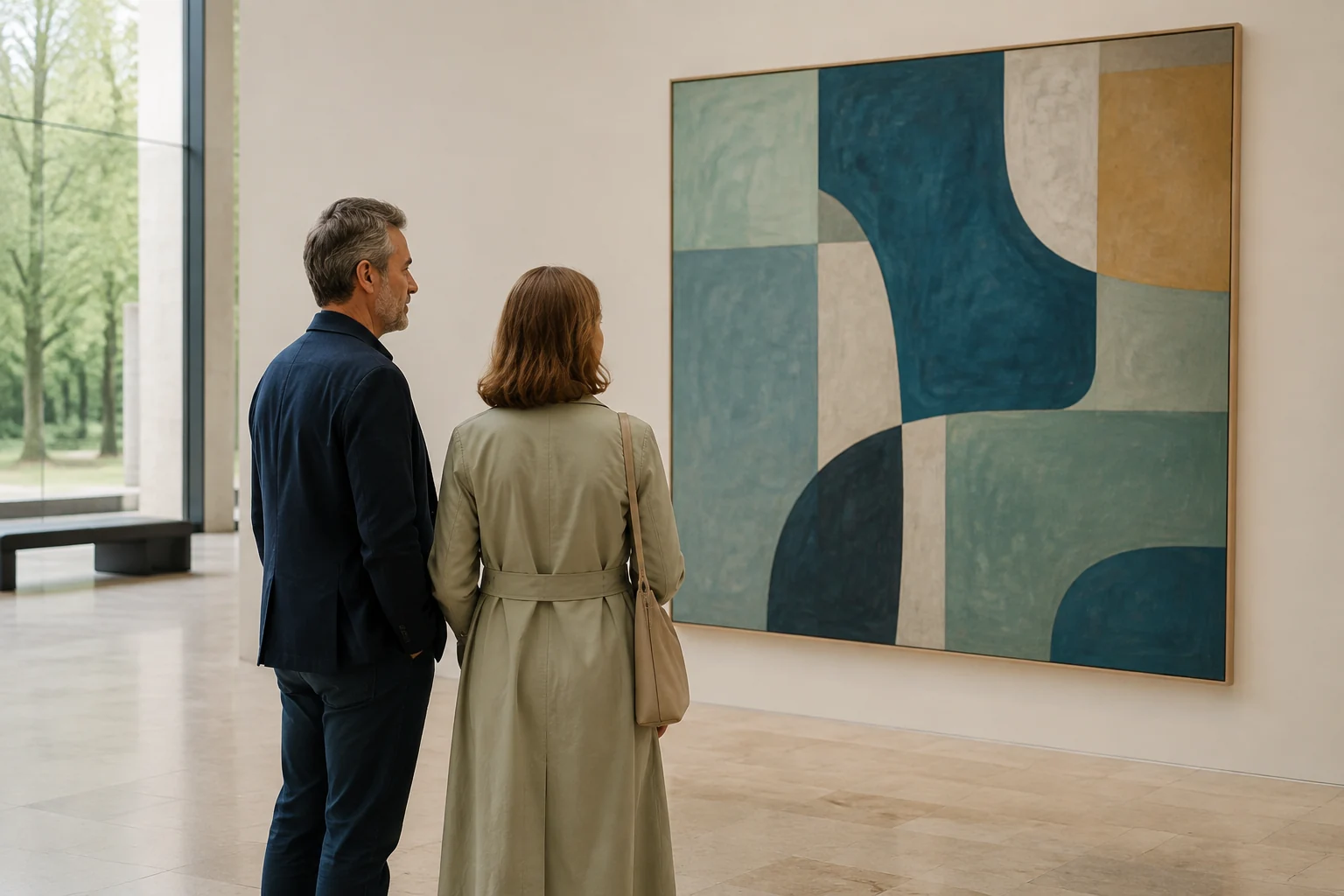 Two adults considering an abstract painting in a bright art gallery