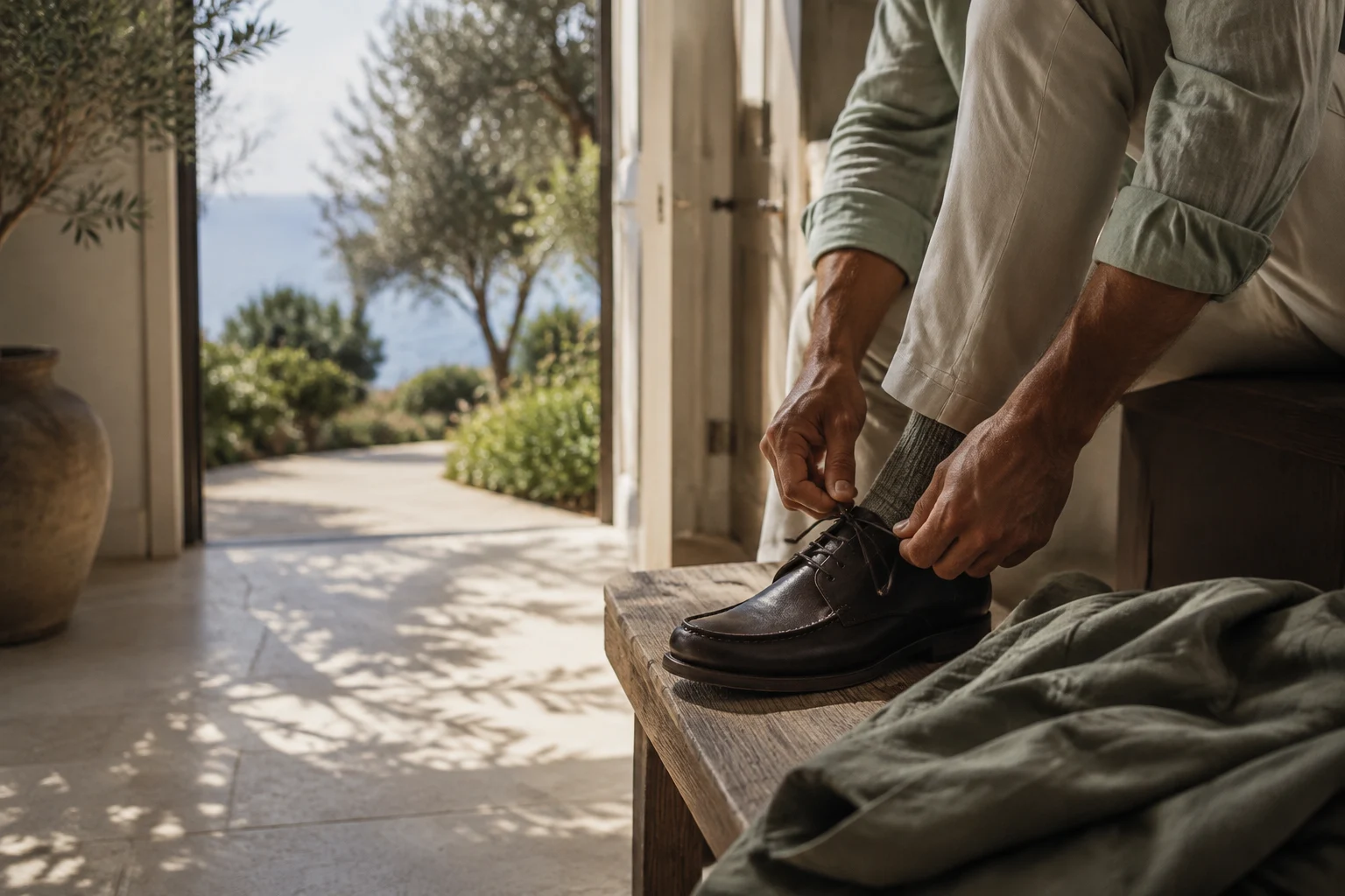 A man tying his walking shoes beside an open sunlit doorway