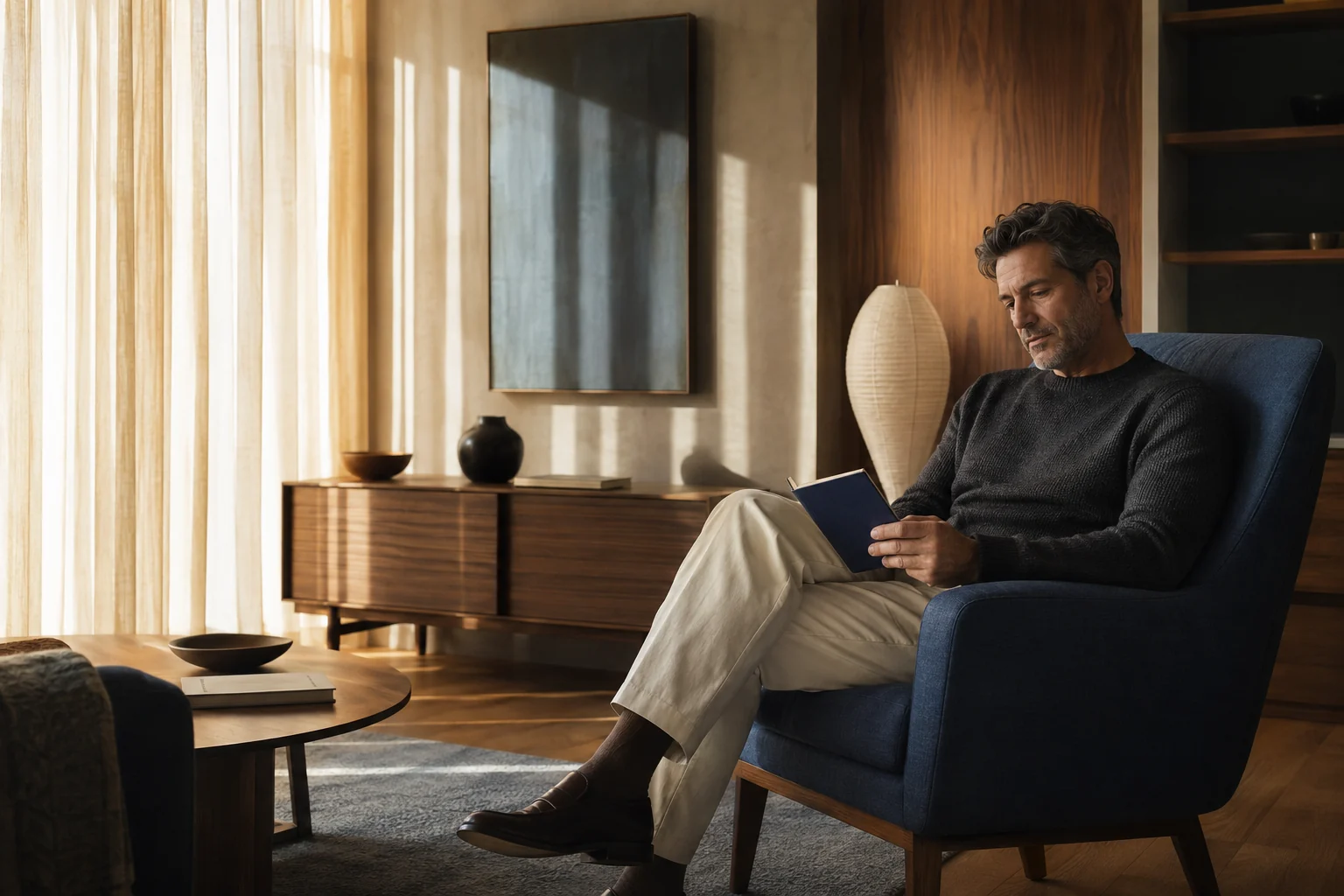 A man takes a quiet moment with a notebook in a sunlit room