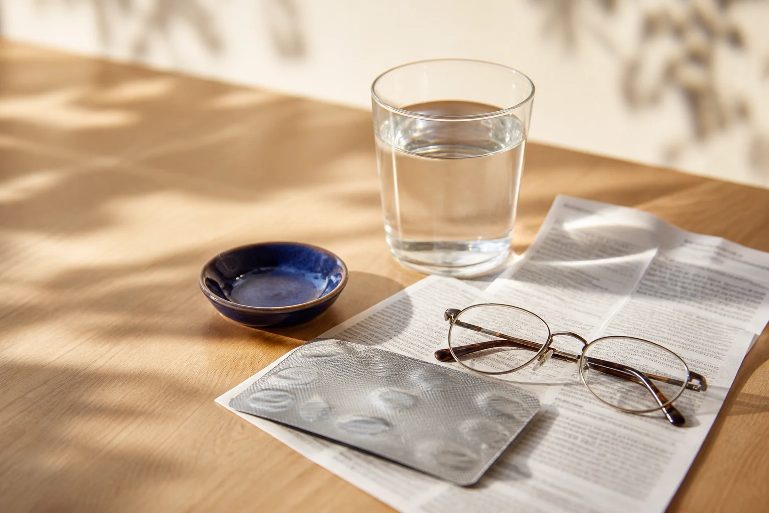Reading glasses, a medicine leaflet and a closed blister beside a glass of water