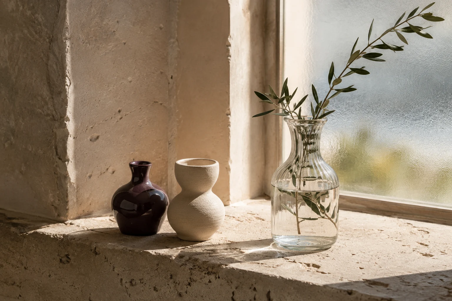 Plum and ivory ceramic vessels beside a glass carafe and olive branch in natural window light
