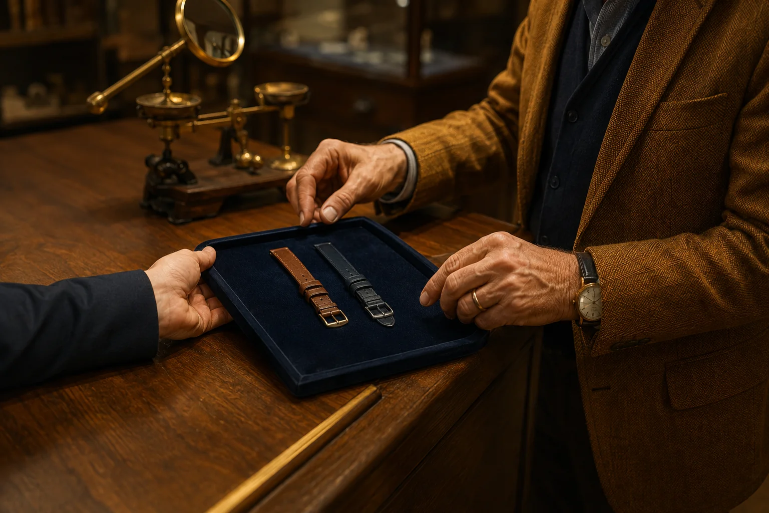 A customer comparing two watch straps on a navy tray in a warmly lit workshop