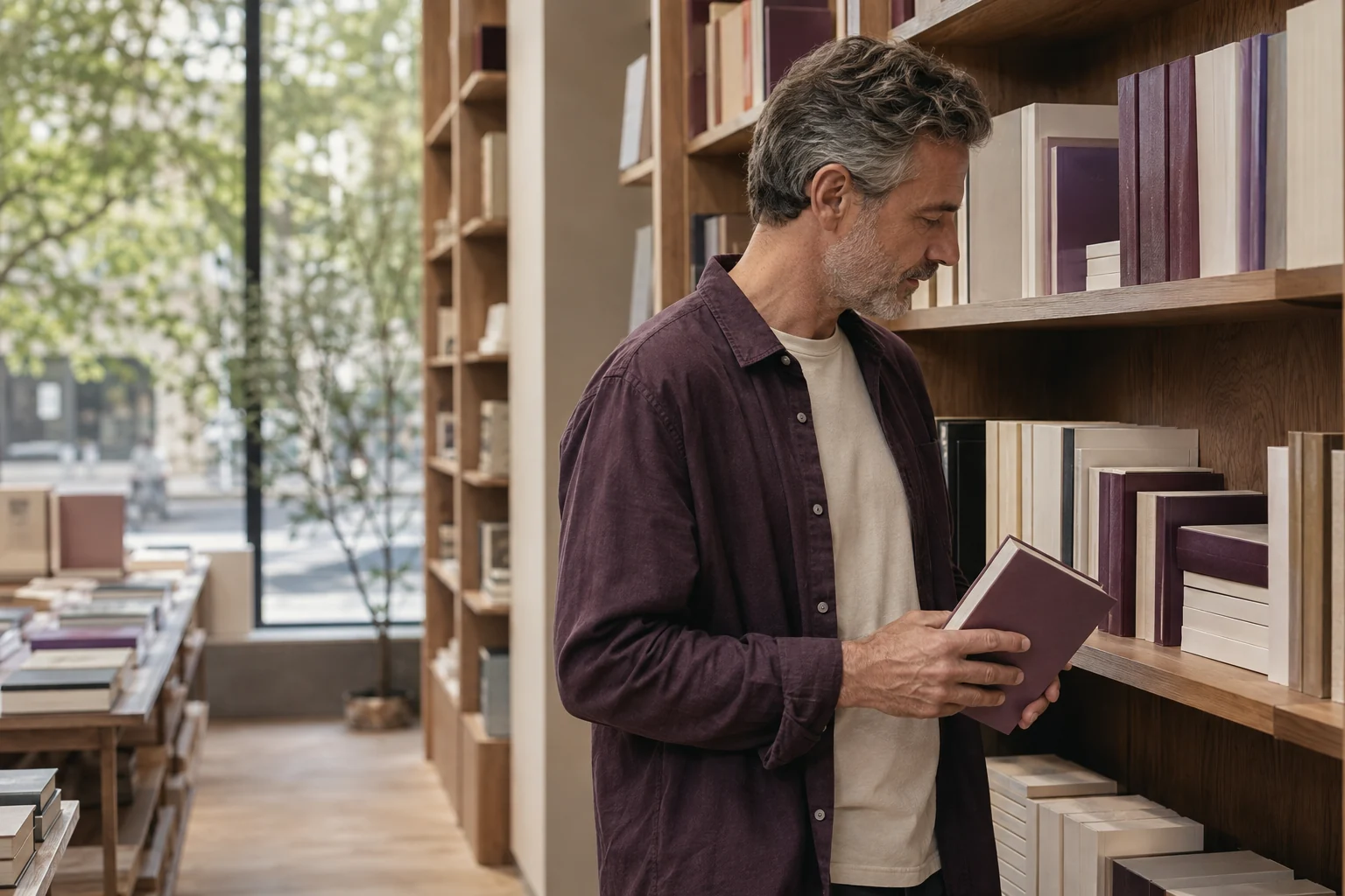 A mature man browsing books in a naturally lit independent bookshop