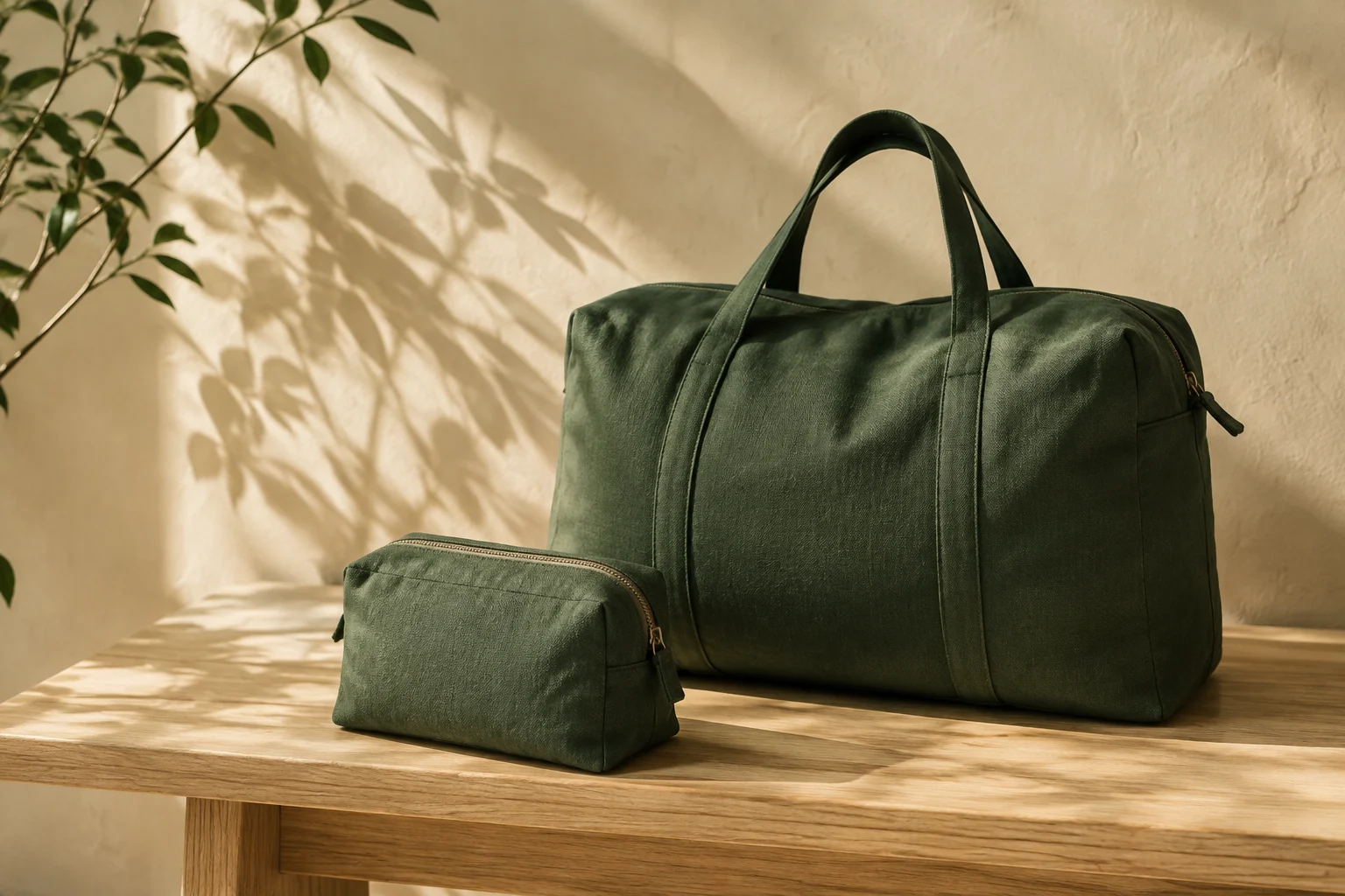 Small and large green textile bags arranged on a sunlit oak bench