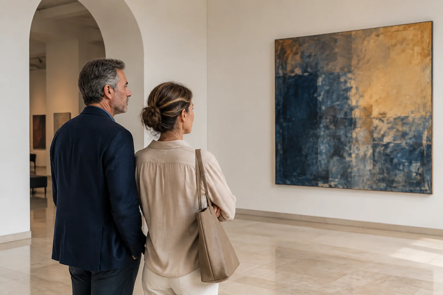 Mature couple looking at an abstract blue and ochre painting in a sunlit gallery