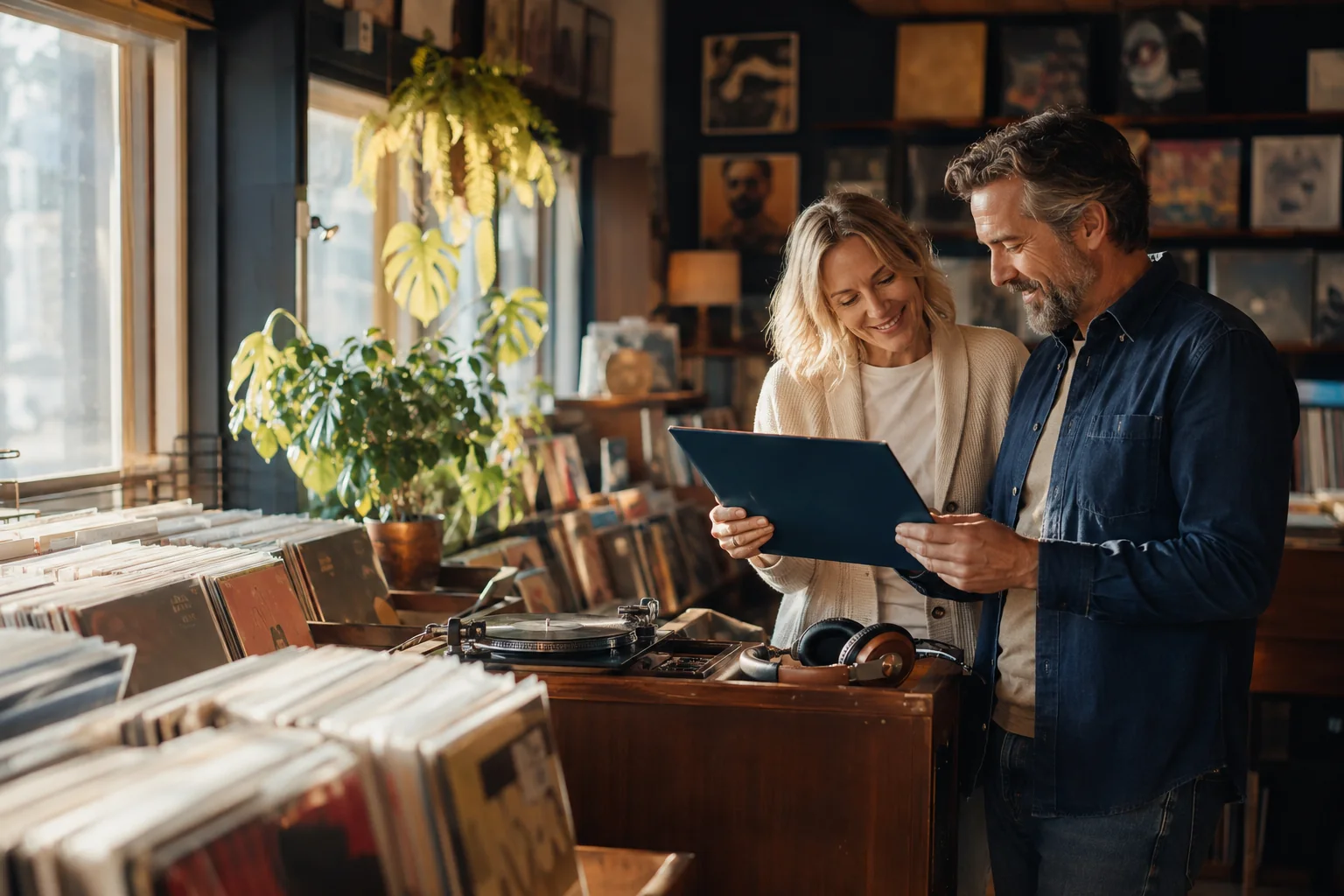 A mature couple shares a relaxed moment choosing a record in a warmly lit music shop