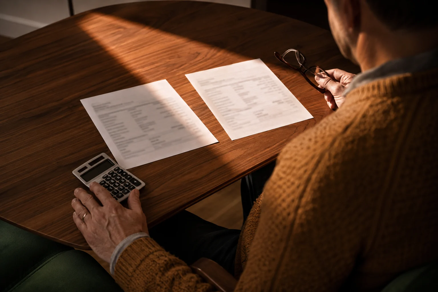A man comparing two paper quotations with a calculator at a sunlit wooden table