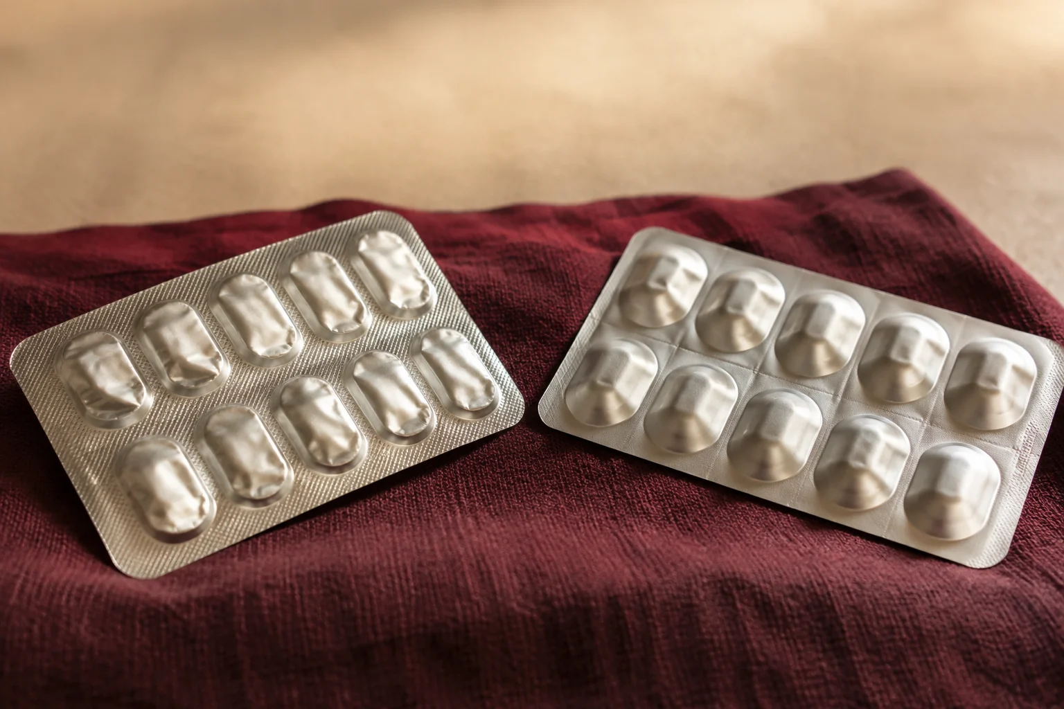 Two silver foil blister strips with different surface textures on burgundy fabric