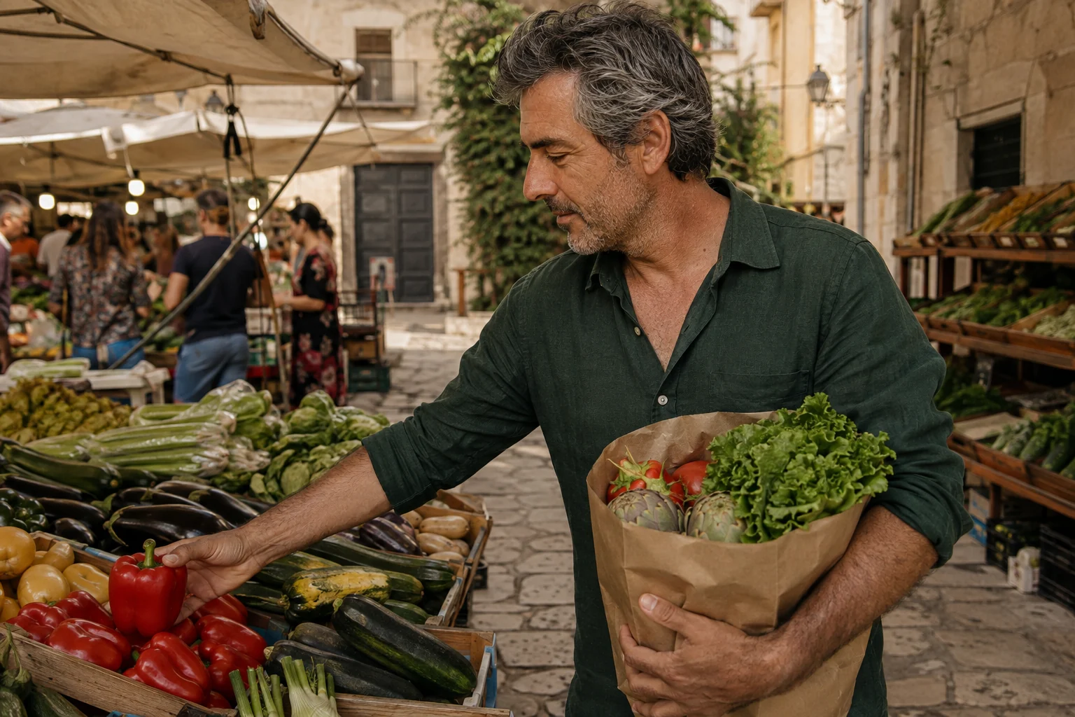 Mature man choosing fresh vegetables at an outdoor market