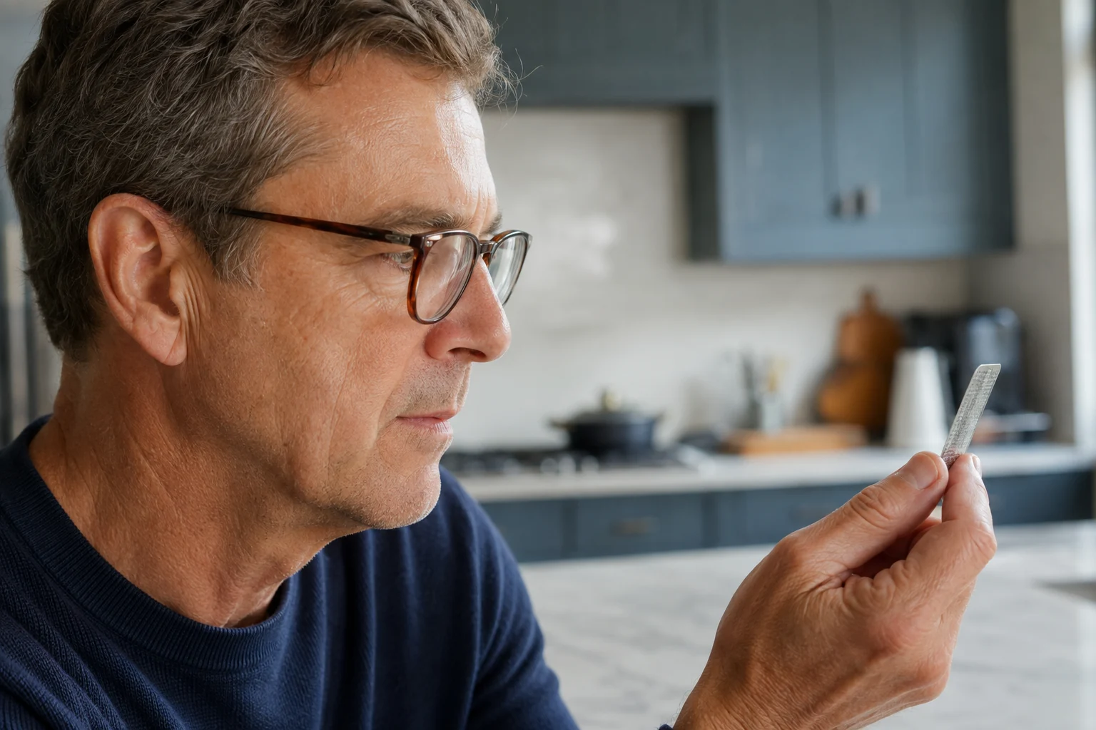 Man wearing reading glasses examining small print on a sealed medicine blister